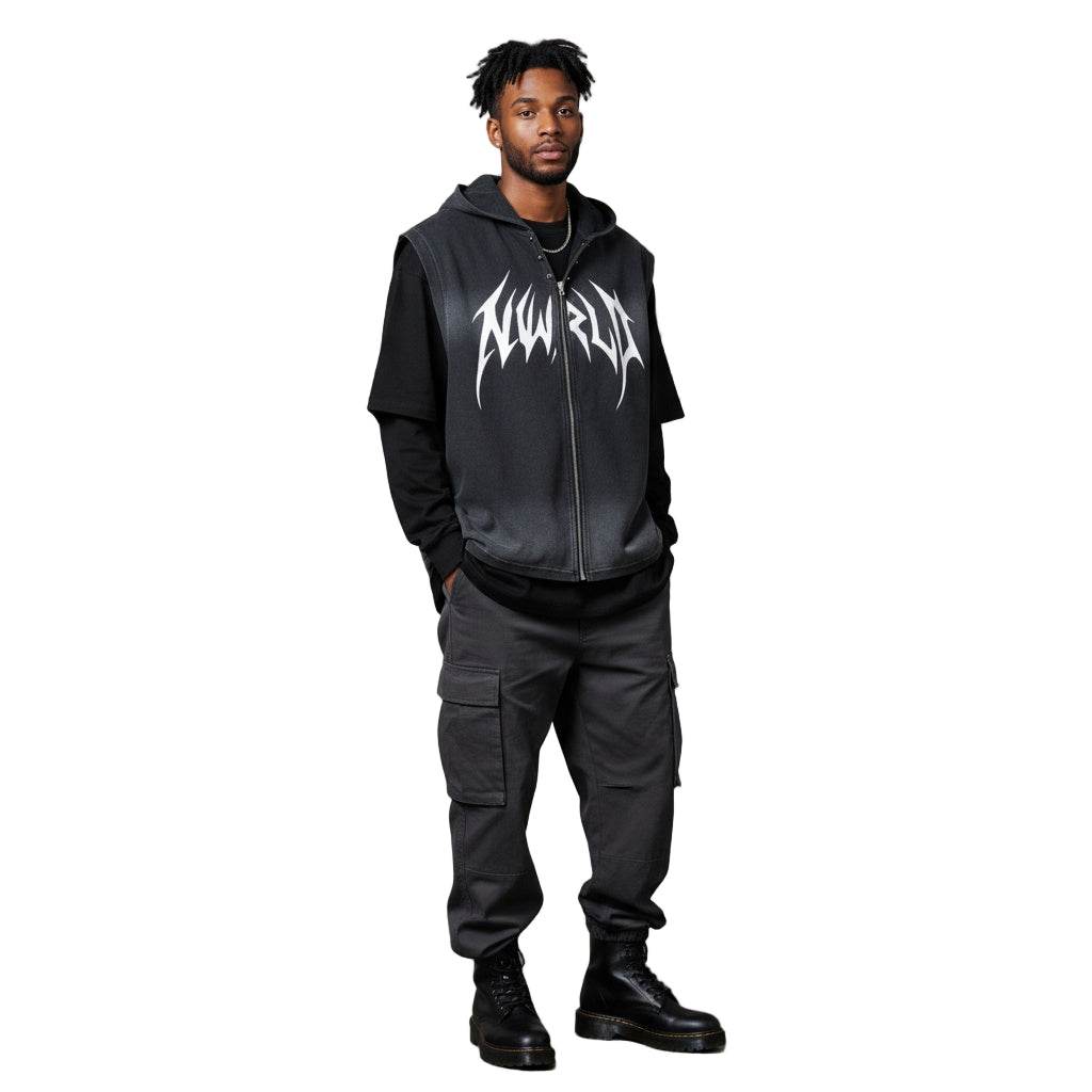 DARK MODE x METAL MANIA / Vintage Washed Zip-Up Hooded Tank Top - NWRLD CLOTHING