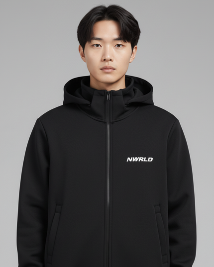 Close-up of the model wearing NWRLD 002 Heavyweight High Neck Zip-Up Hoodie