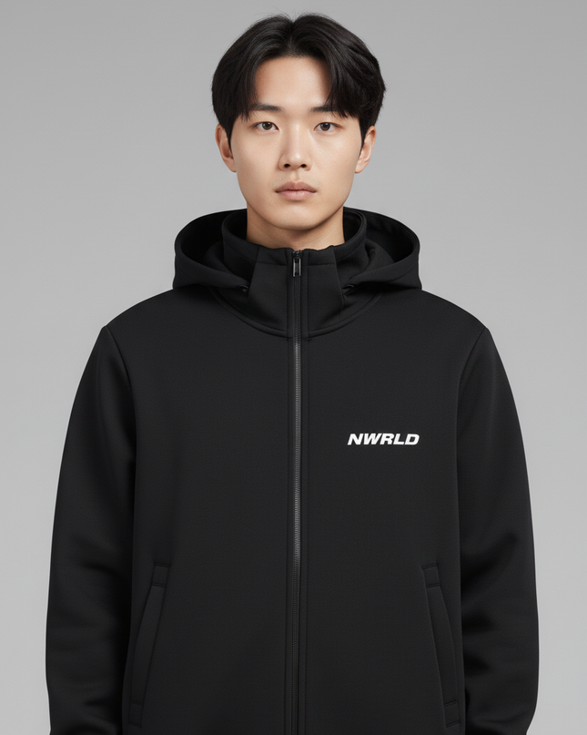 Close-up of the model wearing NWRLD 002 Heavyweight High Neck Zip-Up Hoodie