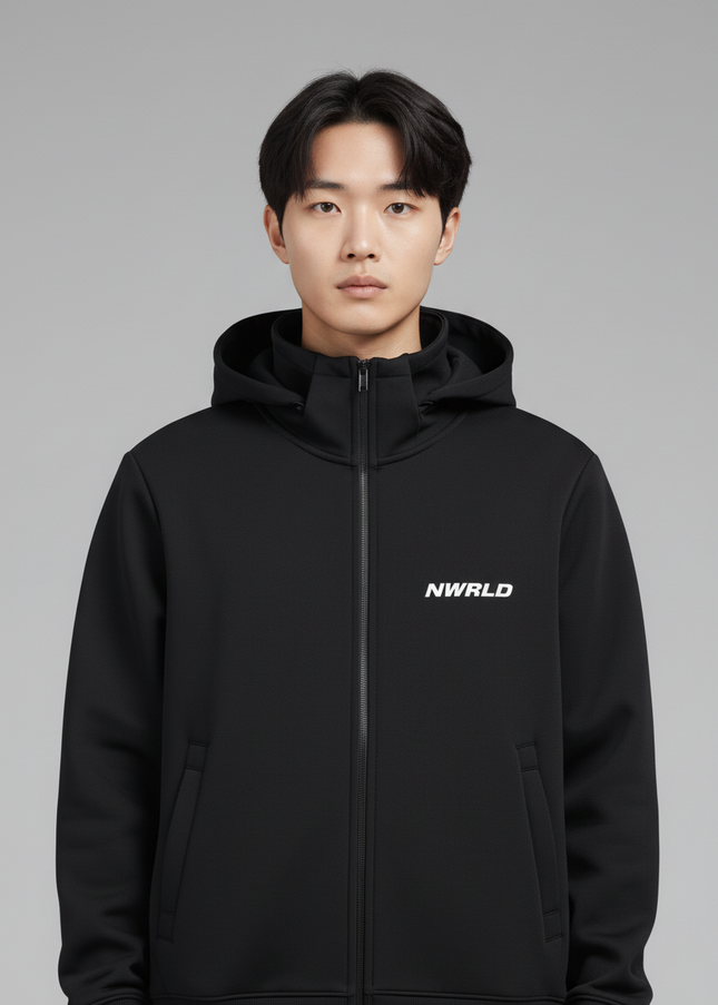 Close-up of the model wearing NWRLD 002 Heavyweight High Neck Zip-Up Hoodie