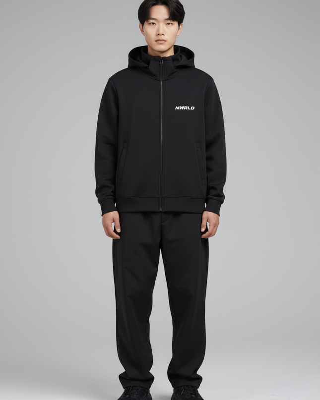 Full body view of the model wearing NWRLD 002 Heavyweight High Neck Zip-Up Hoodie