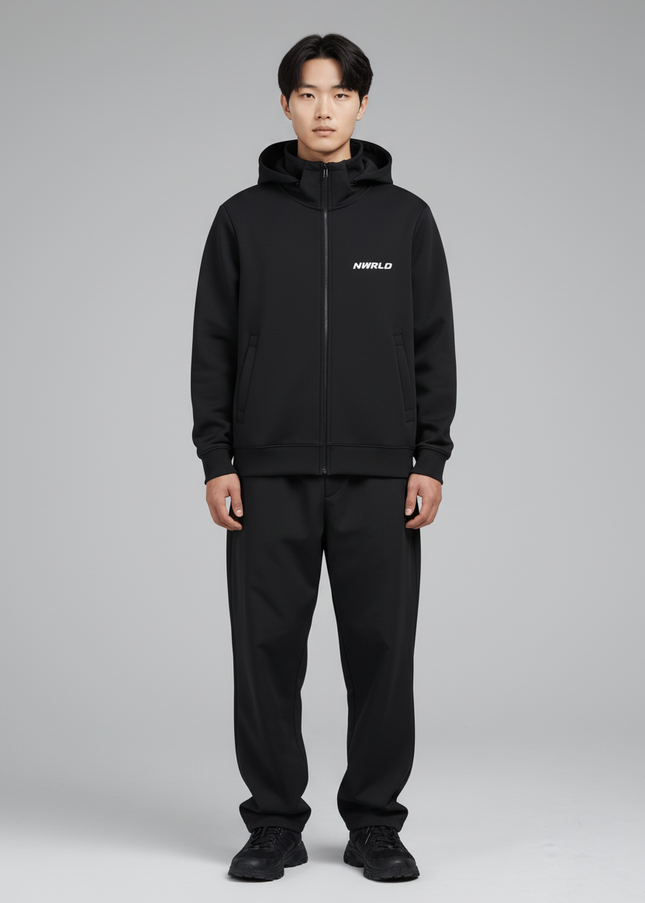 Full body view of the model wearing NWRLD 002 Heavyweight High Neck Zip-Up Hoodie