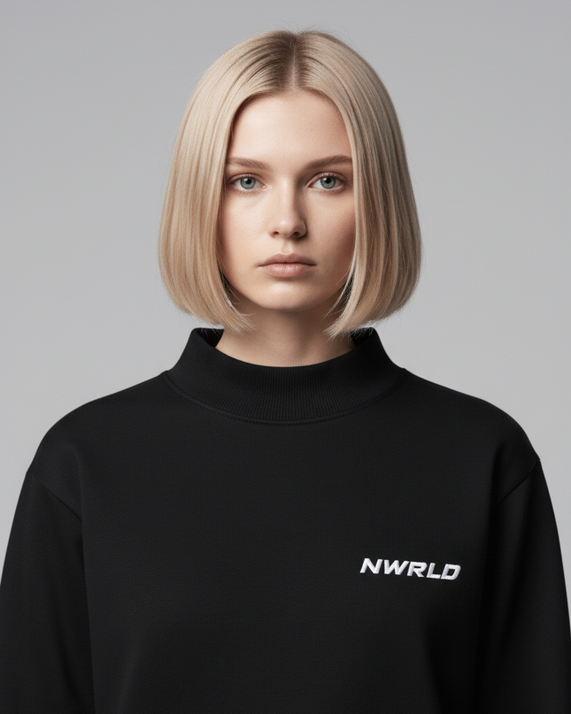 Close-up of the model wearing NWRLD 002 Mock-Neck Crew Sweatshirt