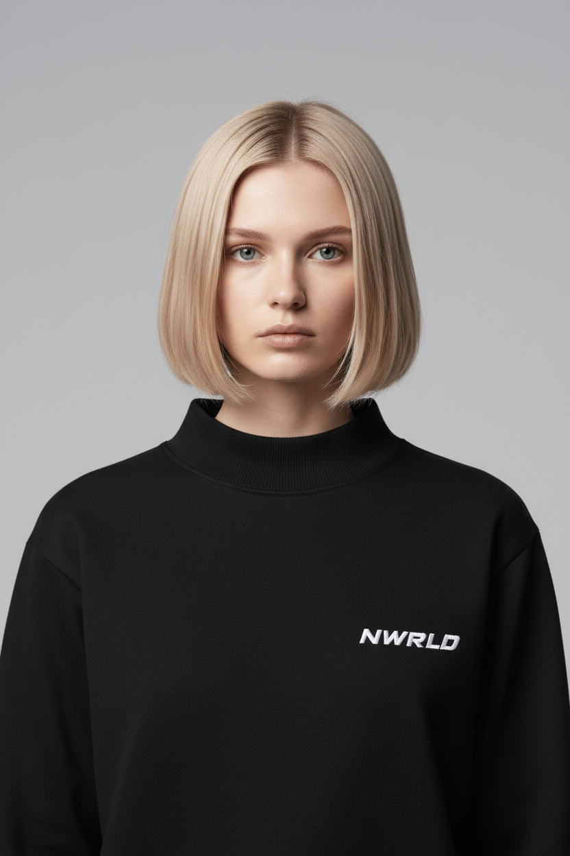 Close-up of the model wearing NWRLD 002 Mock-Neck Crew Sweatshirt