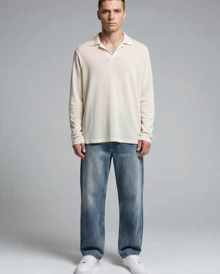 Full body view of the model wearing NWRLD 003 / Sun Fade Heavyweight Denim Jeans