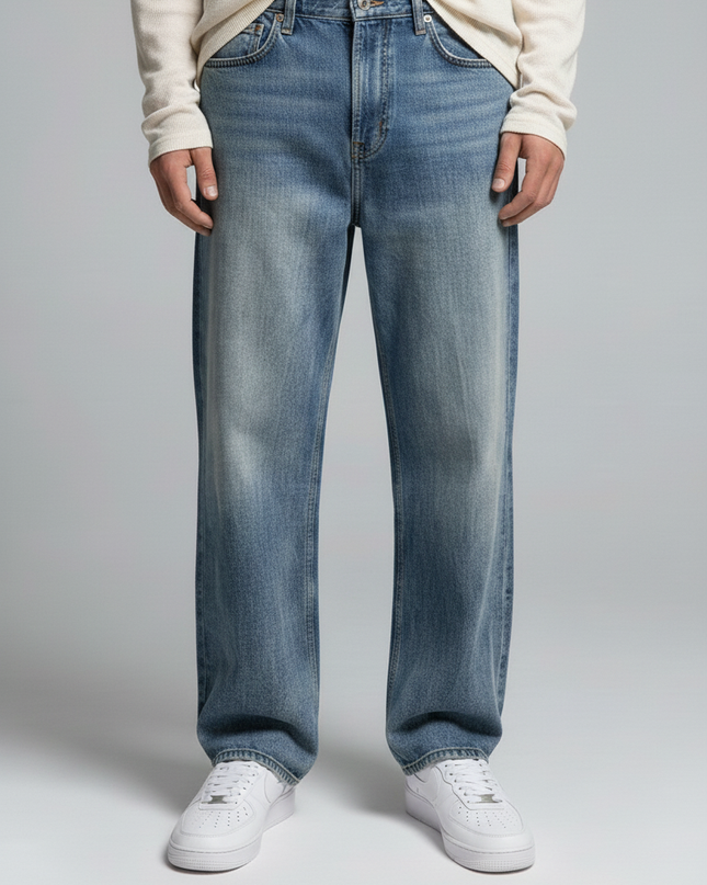 Close-up of the model's lower body wearing NWRLD 003 / Sun Fade Heavyweight Denim Jeans