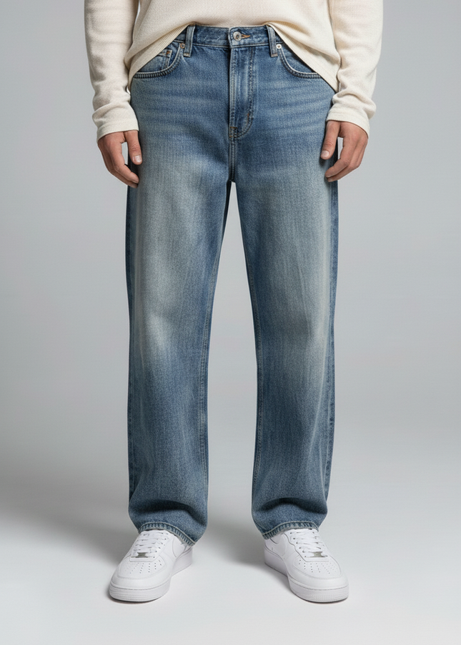 Close-up of the model's lower body wearing NWRLD 003 / Sun Fade Heavyweight Denim Jeans