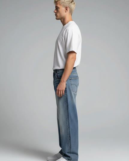 Side profile of the model wearing NWRLD 003 / Sun Fade Heavyweight Denim Jeans