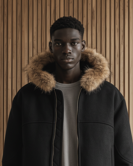 Close-up of the model wearing NWRLD 003 | Sun Fade Boxy Fur Zip Hoodie