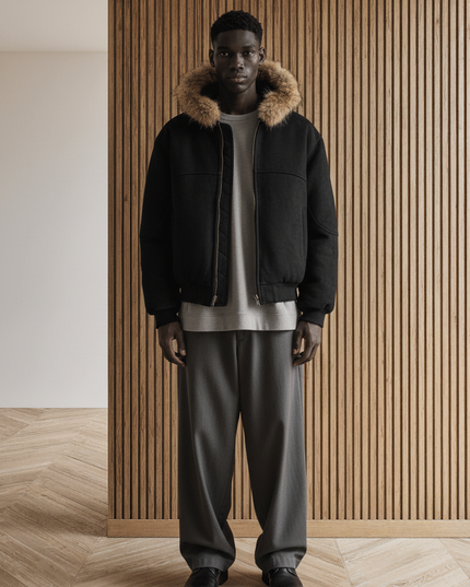 Full body view of the model wearing NWRLD 003 | Sun Fade Boxy Fur Zip Hoodie