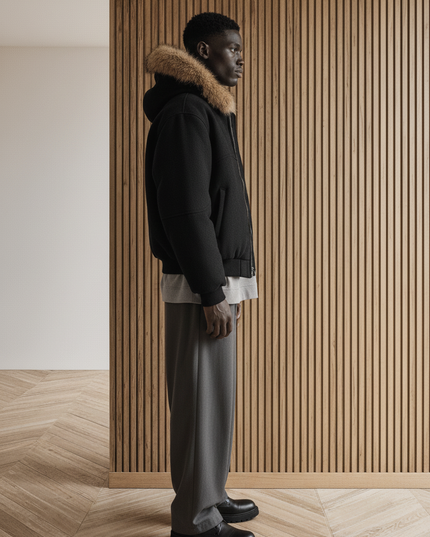 Side profile of the model wearing NWRLD 003 | Sun Fade Boxy Fur Zip Hoodie