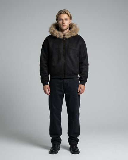 Full body view of the model wearing Sun Fade Boxy Detachable Fur Hoodie