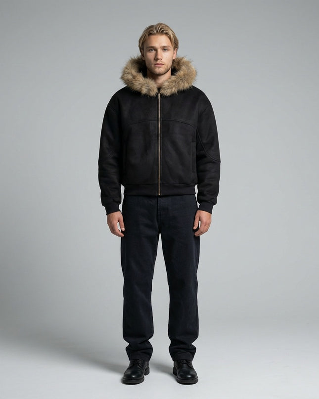 Full body view of the model wearing Sun Fade Boxy Detachable Fur Hoodie