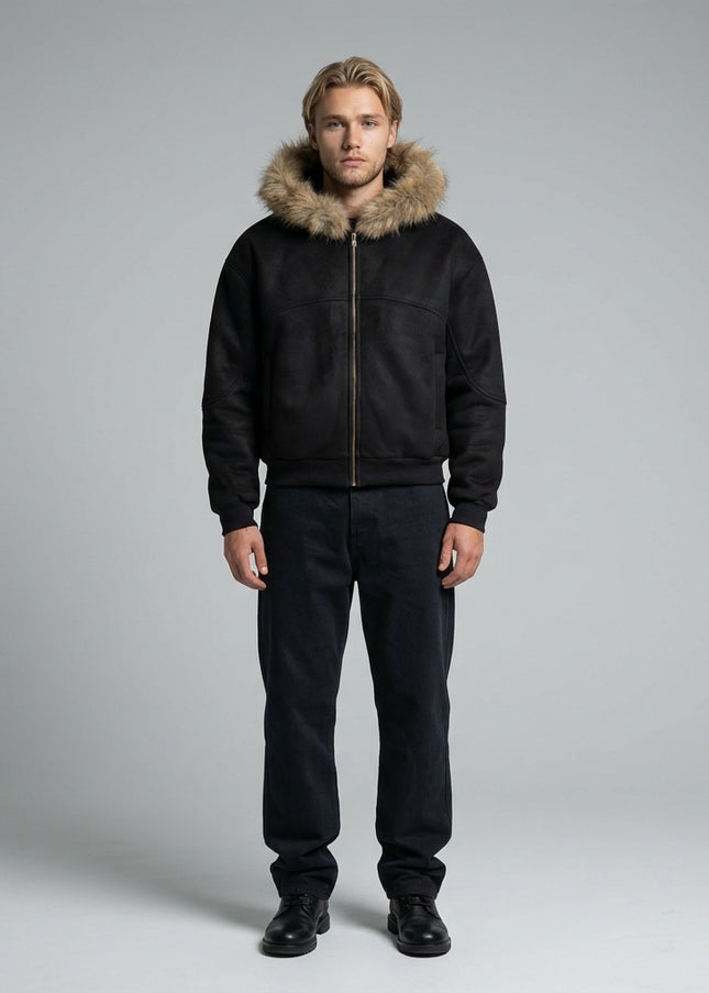 Full body view of the model wearing Sun Fade Boxy Detachable Fur Hoodie