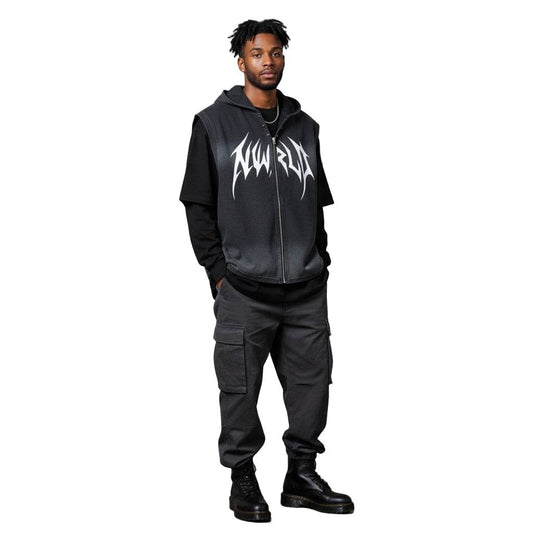 DARK MODE x METAL MANIA / Vintage Washed Zip-Up Hooded Tank Top - NWRLD CLOTHING