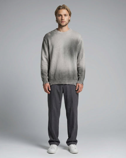Full body view of the model wearing Sun Fade Distressed Ripped Crewneck sweater