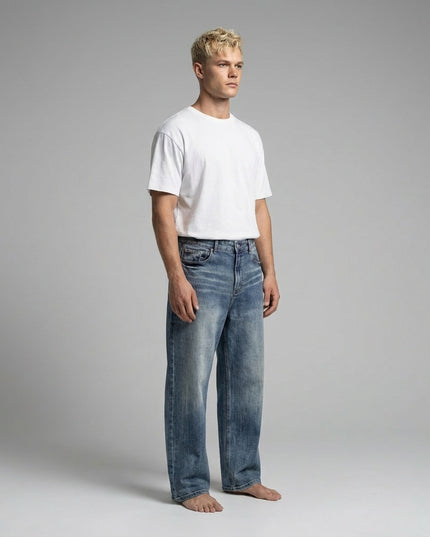 Model wearing Sun Fade Heavyweight Denim Jeans