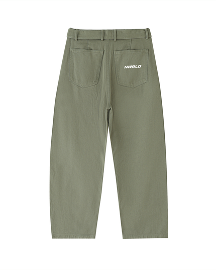 Twisted-Seam Belted Curved-Blade Pants