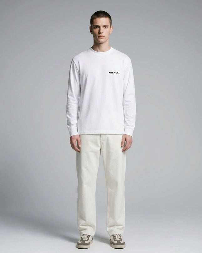 Full body view of the model wearing Essential Crewneck Long-Sleeve T-Shirt