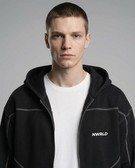 Close-up of the model wearing Contrast-Stitched Boxy Fleece Zip Hoodie