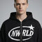 Close-up of the model wearing NWRLD 002 Contrast Tape Zip Hoodie