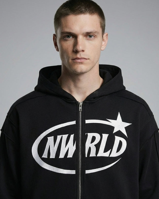 Close-up of the model wearing NWRLD 002 Contrast Tape Zip Hoodie