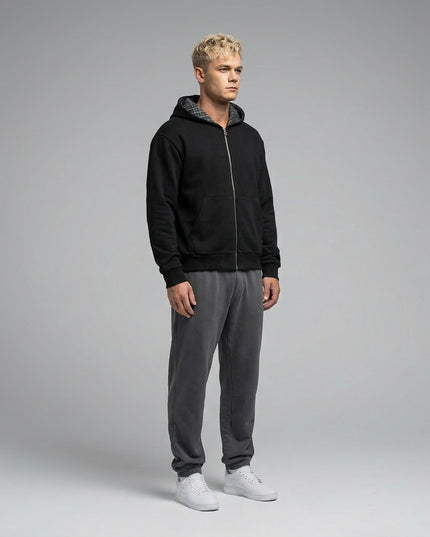 Model wearing Contrast Plaid Boxy Zip Hoodie