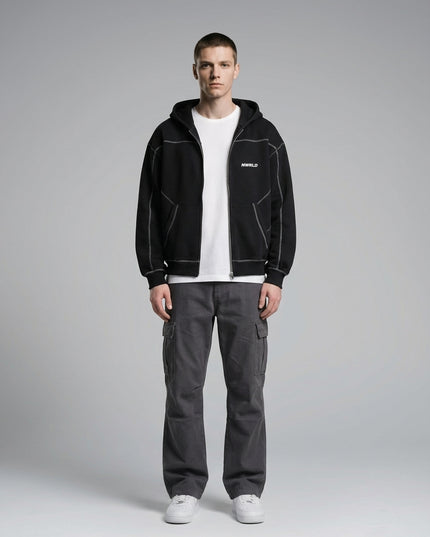 Full body view of the model wearing Contrast-Stitched Boxy Fleece Zip Hoodie