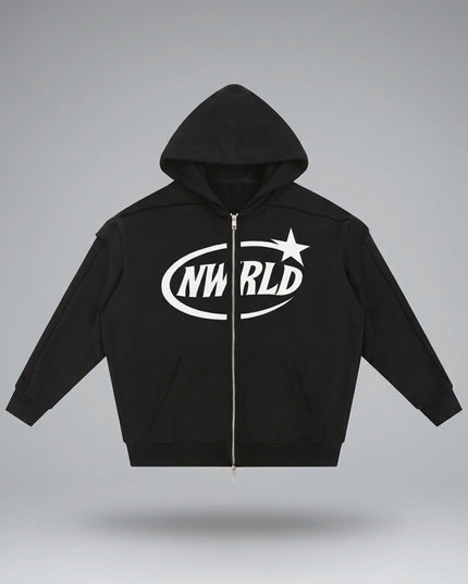 Lay-flat product shot of NWRLD 002 Contrast Tape Zip Hoodie