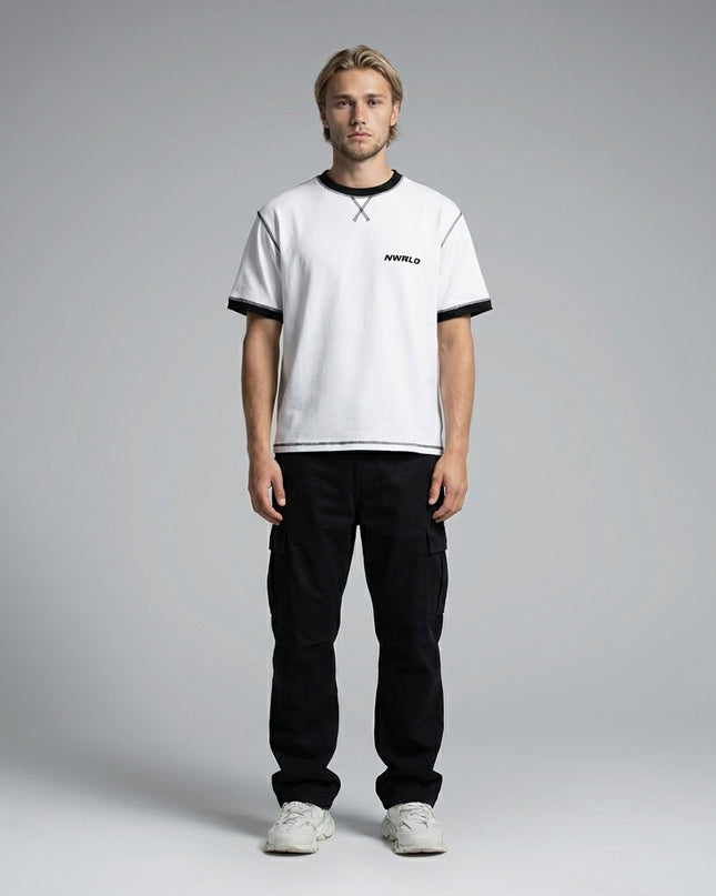 Full body view of the model wearing Contrast-Stitched Cotton T-Shirt
