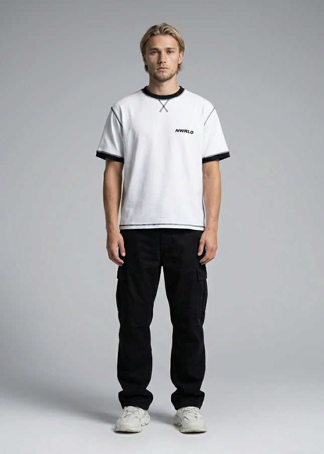 Full body view of the model wearing Contrast-Stitched Cotton T-Shirt