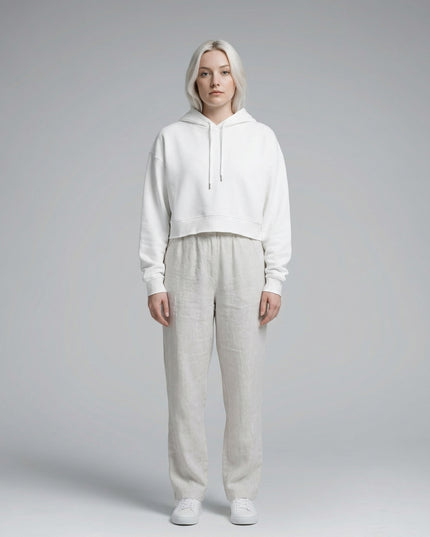 Full body view of the model wearing Essential Cropped Hoodie