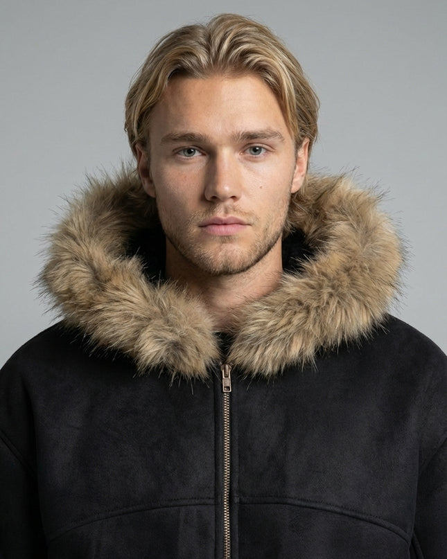 Close-up of the model wearing Sun Fade Boxy Detachable Fur Hoodie