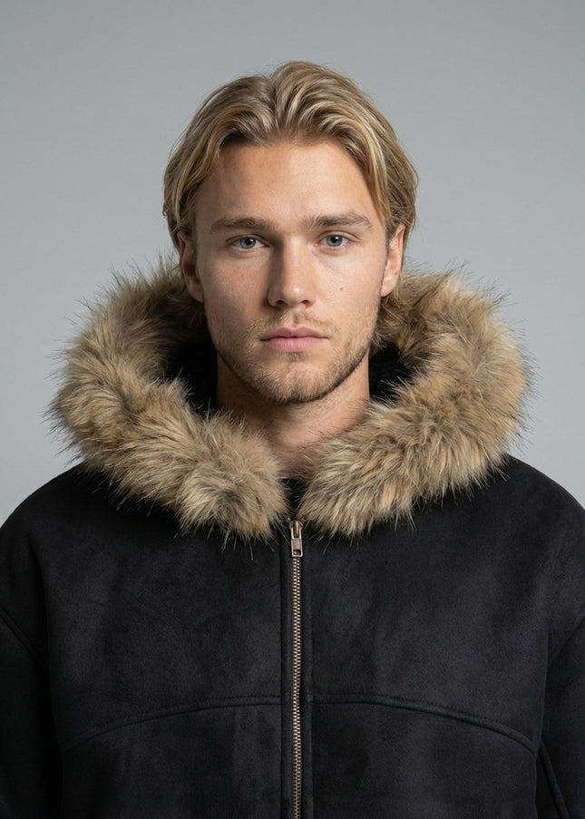 Close-up of the model wearing Sun Fade Boxy Detachable Fur Hoodie
