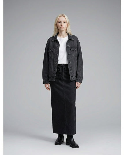 Full body view of the model wearing Dyed Washed Drawstring Maxi Skirt