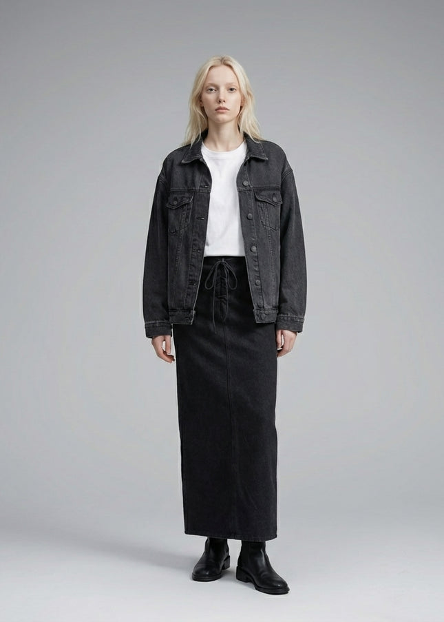 Full body view of the model wearing Dyed Washed Drawstring Maxi Skirt