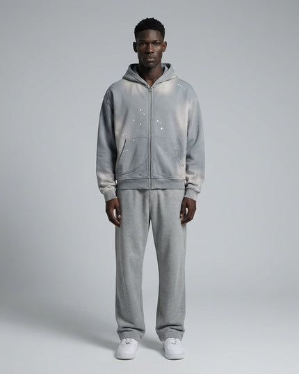 Full body view of the model wearing Sun Fade Frayed Raw Edge Fleece Zip Hoodie