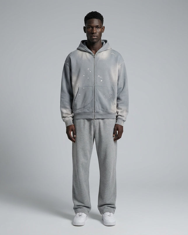 Full body view of the model wearing Sun Fade Frayed Raw Edge Fleece Zip Hoodie