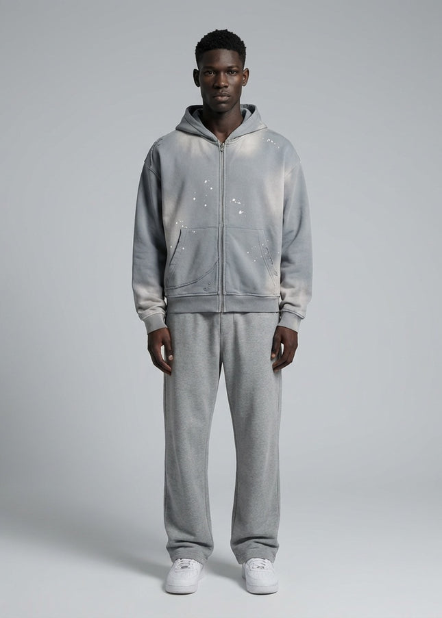 Full body view of the model wearing Sun Fade Frayed Raw Edge Fleece Zip Hoodie