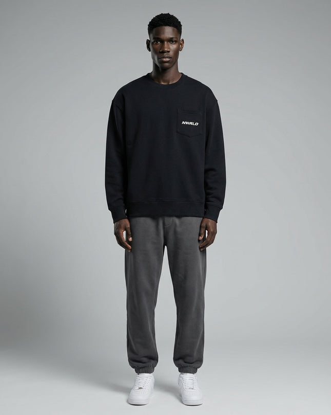 Full body view of the model wearing NWRLD 002 Heavyweight Crewneck Sweatshirt