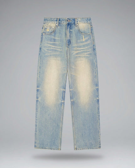 Lay-flat product shot of Sun Fade Raw Hem Denim Jeans