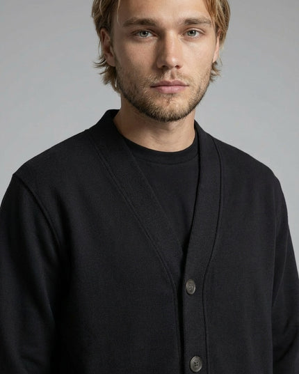 Close-up of the model wearing Essential Heavyweight Sweat Cardigan