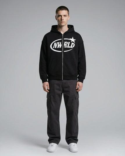 Full body view of the model wearing NWRLD 002 Contrast Tape Zip Hoodie