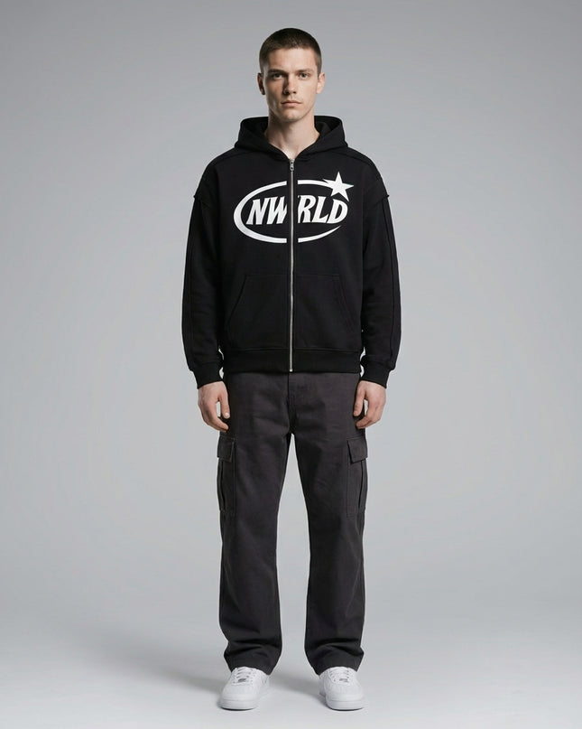 Full body view of the model wearing NWRLD 002 Contrast Tape Zip Hoodie