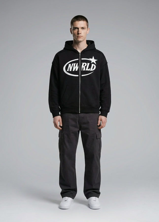 Full body view of the model wearing NWRLD 002 Contrast Tape Zip Hoodie