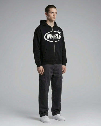 Model wearing NWRLD 002 Contrast Tape Zip Hoodie