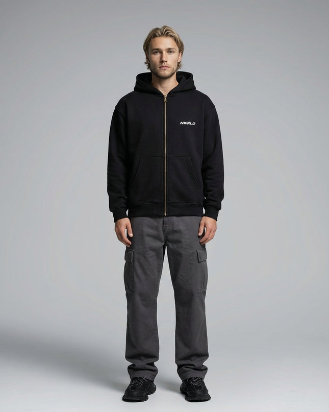 Full body view of the model wearing Essential Oversized Fleece Boxy Hoodie