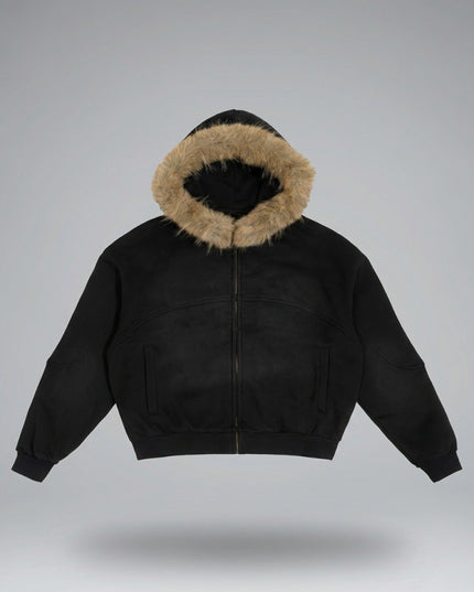 Lay-flat product shot of Sun Fade Boxy Detachable Fur Hoodie