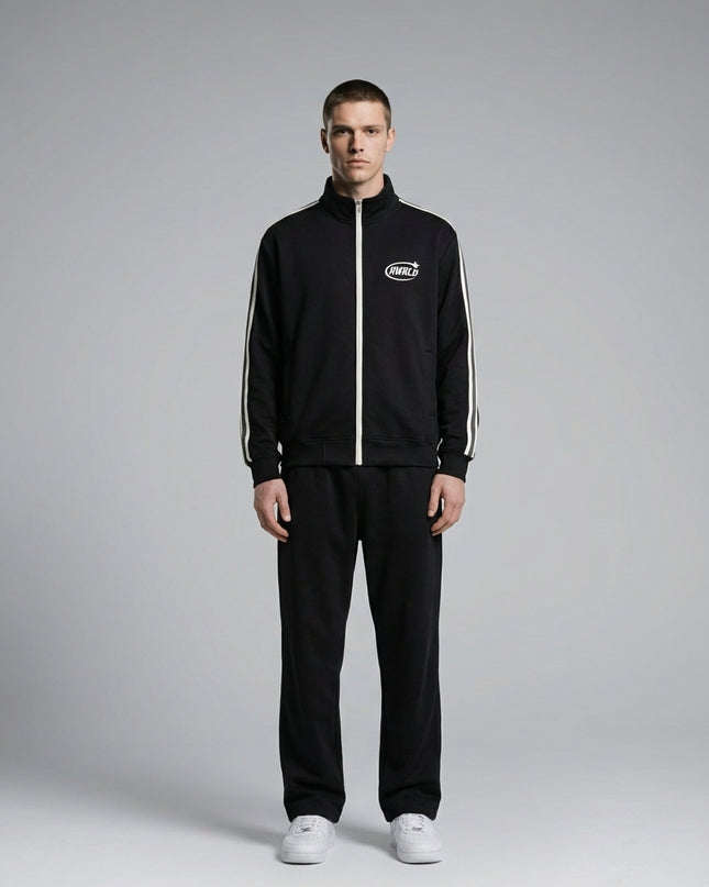 Full body view of the model wearing NWRLD 002 | Contrast Side-Stripe Collar Jacket