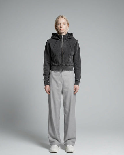 Full body view of the model wearing DROP 003 / Vintage Washed Cropped Fleece Hoodie